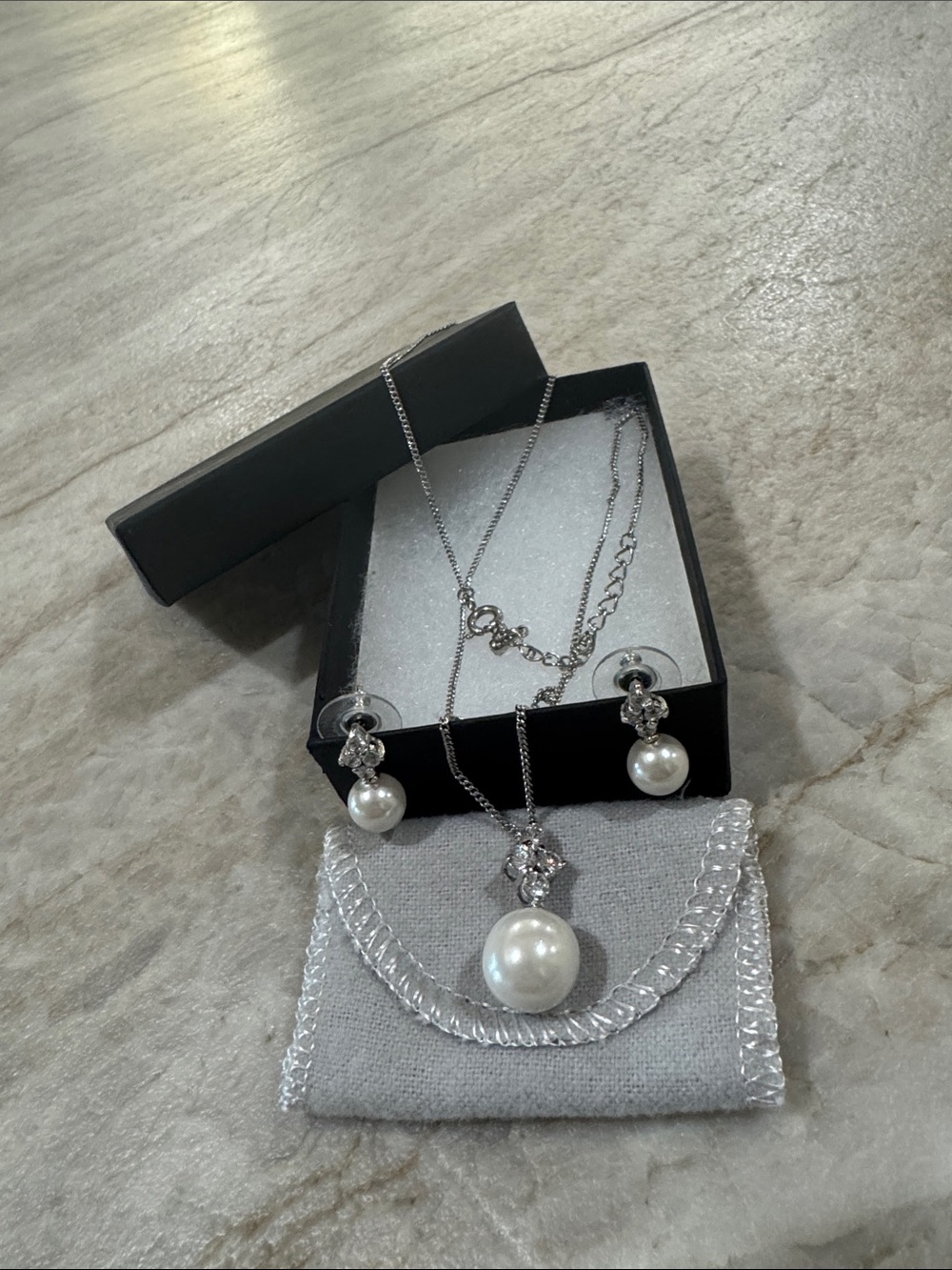 Silver Pearl Drop Necklace and Earrings Set - Classic White Pearl